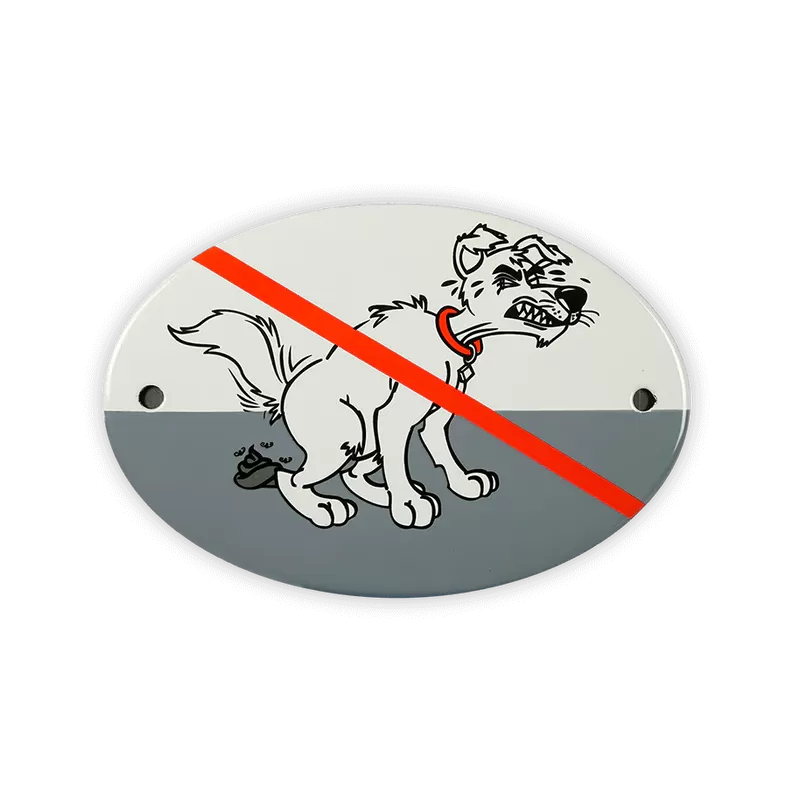 Bajsande hund, emaljskylt